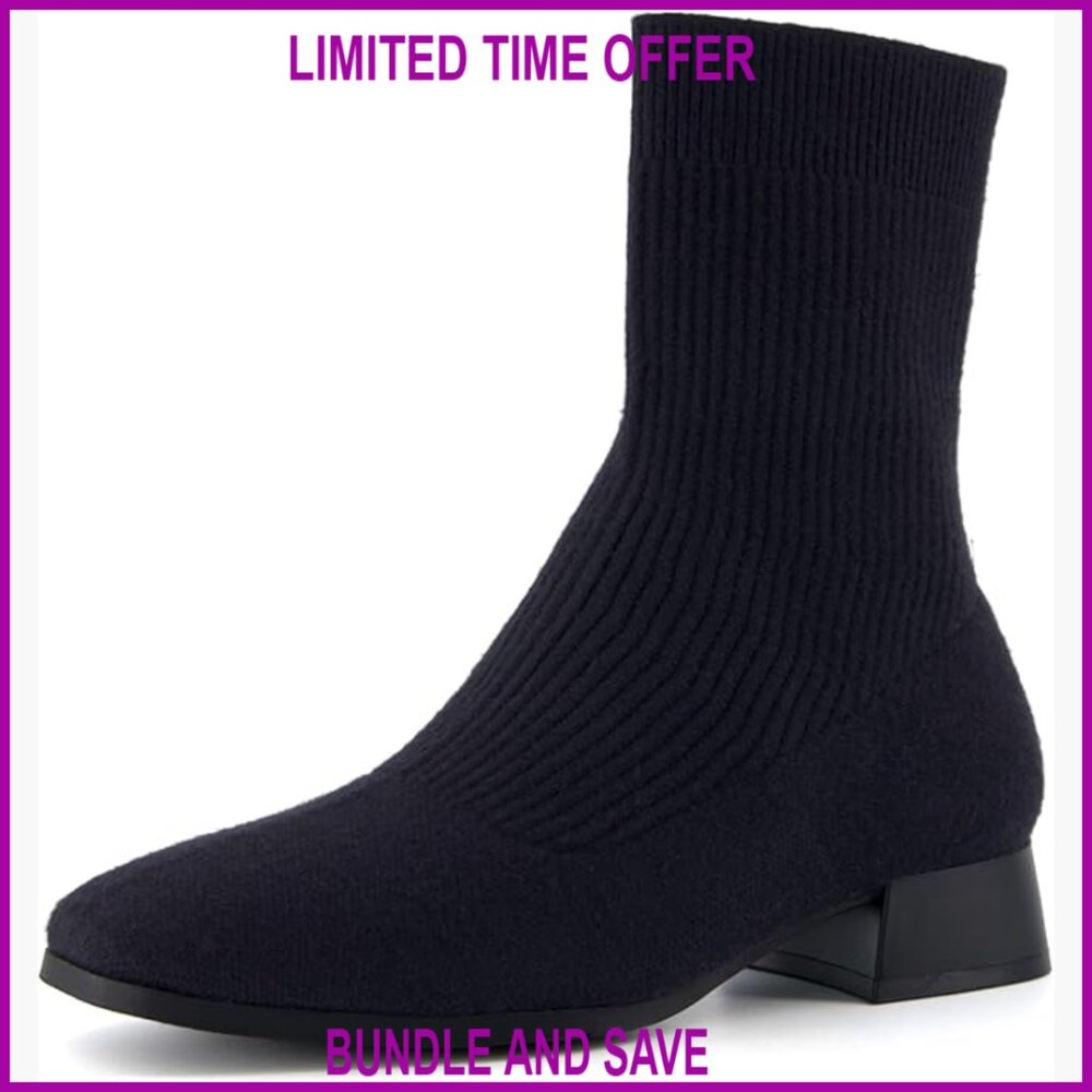 Women's Knit Ankle Boots with Memory Foam Block Heel Wide Widths